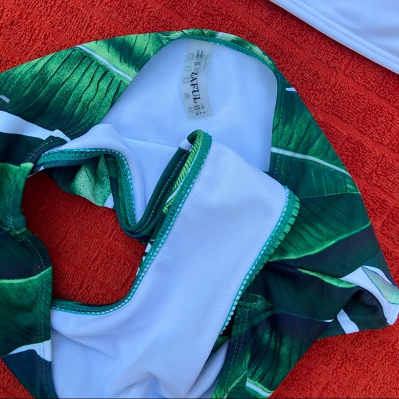 White Green Palm Strapless Bikini Small - Picture 3 of 4